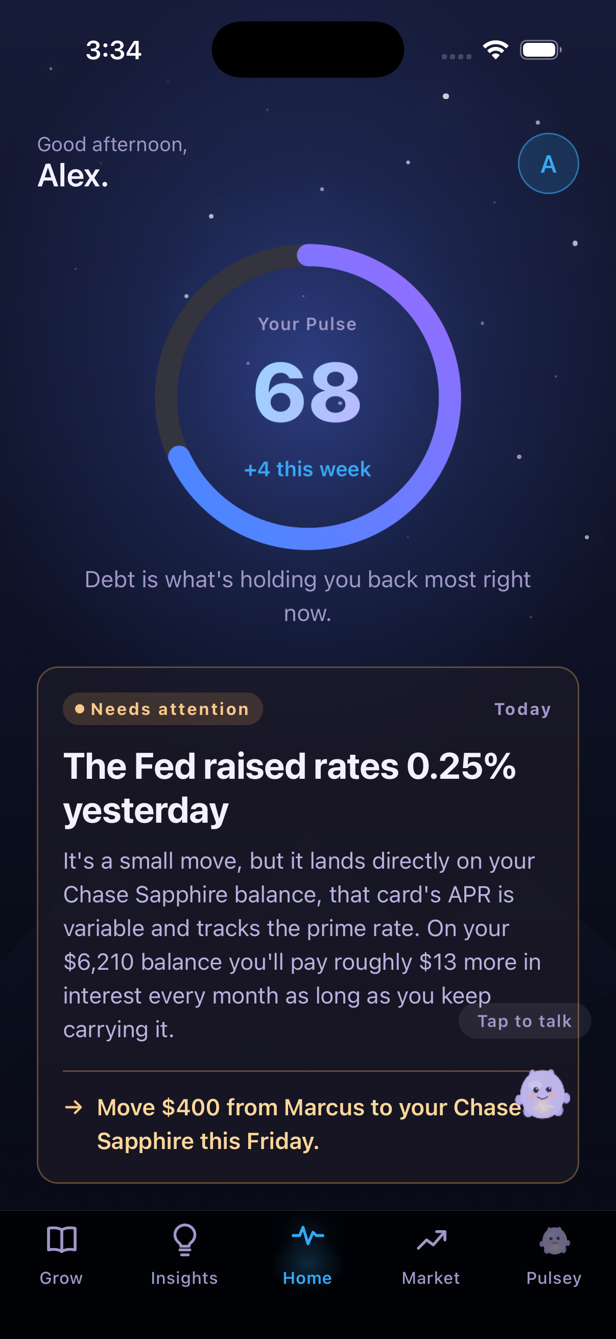 Pulse home — your Pulse score and the one move to make this week