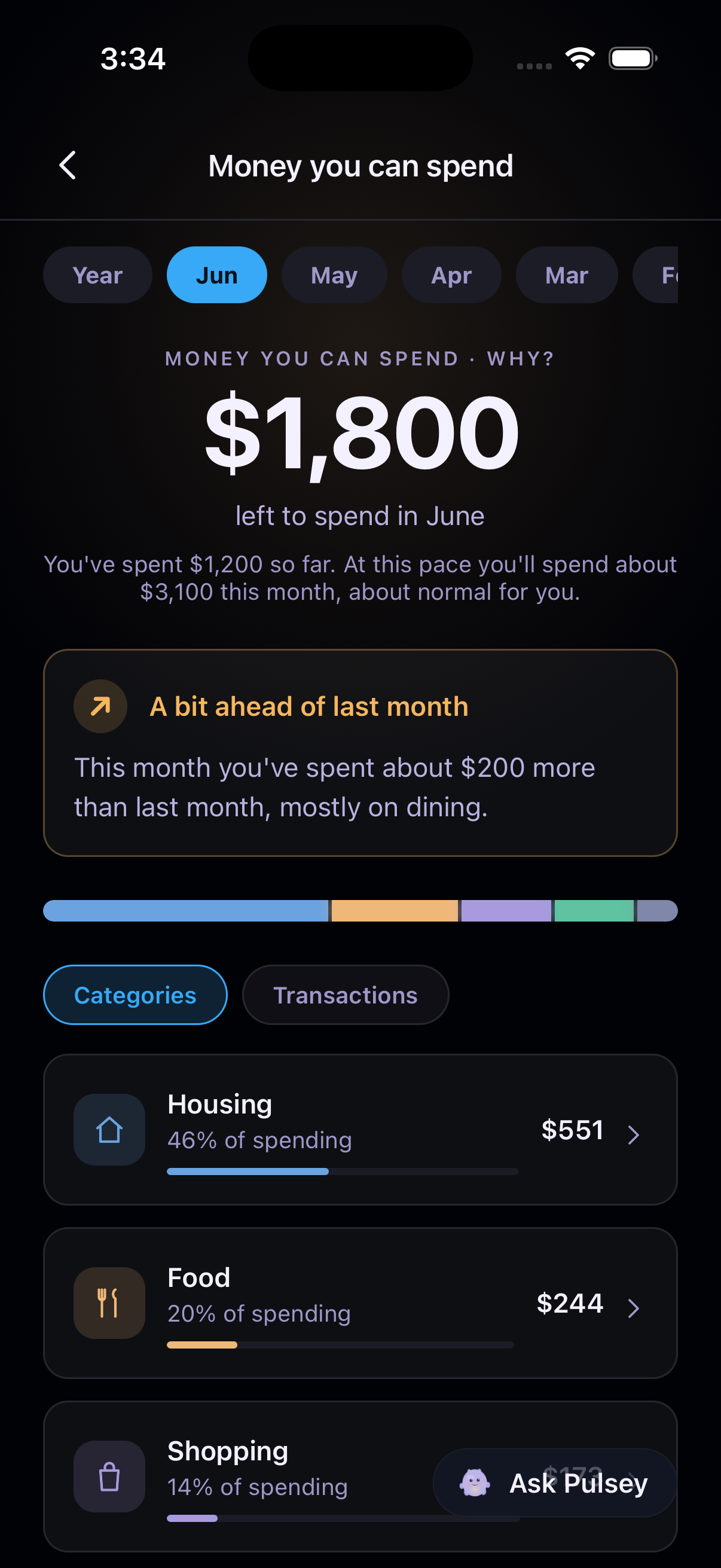 Pulse — the money you can spend this month, by category